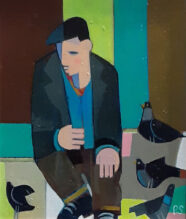 Artist Peter Stanaway feeds the Pigeons painting